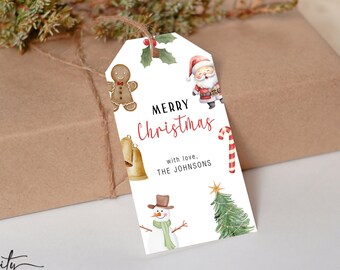 May include: White gift tag with a watercolor illustration of a gingerbread man, Santa Claus, a snowman, a candy cane, a bell, and a Christmas tree. The text reads "Merry Christmas" in red and "with love, THE JOHNSON'S" in black.