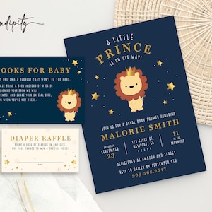 Little Prince Baby Shower Invitation Boy Little Prince Party Invite Suite Printable Blue and Gold Baby Lion Theme Crown Editable Template