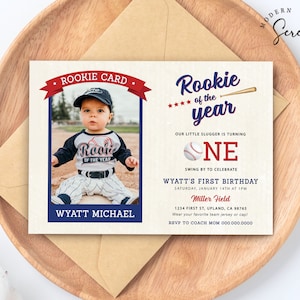Rookie of the Year First Birthday Invitation Baseball Birthday Party Boy Birthday Invite with Photo Horizontal Editable Template