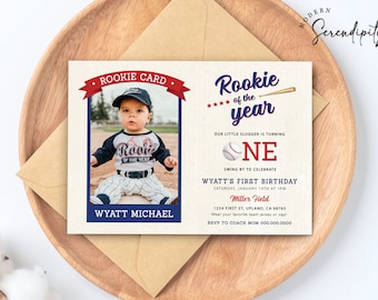 Rookie of the Year First Birthday Invitation Baseball Birthday Party Boy Birthday Invite with Photo Horizontal Editable Template