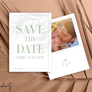Save the Date Moderne Tropische Fotovorlage Minimalistische Schatten Save the Date Digitale Hochzeitsankündigung Doppelseitige bearbeitbare Vorlage
