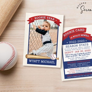 Carte de joueurs de baseball Carte de la recrue de l'année Modèle modifiable pour la fête de baseball du premier anniversaire