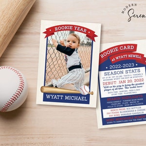 Baseball Players Card Rookie of the Year Trading Card First Birthday Baseball Party Editable Template