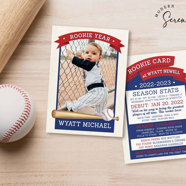 Carte de joueurs de baseball, carte à collectionner de la recrue de l'année, modèle modifiable pour la fête de baseball du premier anniversaire