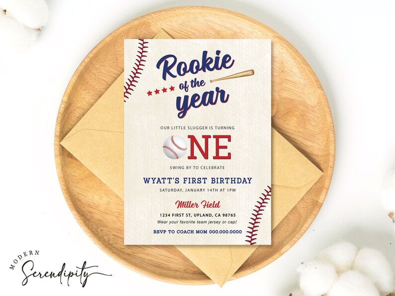Rookie of the Year First Birthday Invitation Baseball Birthday Etsy