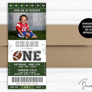 May include: Green and white football ticket invitation with a photo of a young boy wearing a football jersey and holding a football. The text on the ticket reads "Chase is turning one" and includes details for a birthday party.