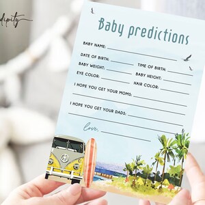 Carte de prédictions de bébé Bébé à bord Surf Beach Baby Shower Ocean Baby Shower Jeu modifiable Carte de jeu imprimable Modèle de douche de bébé d'été