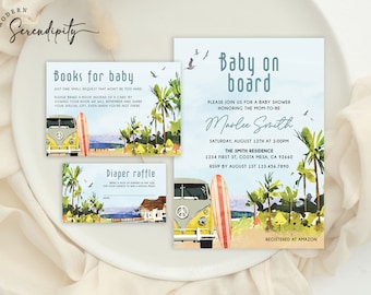 Baby on Board Invitation Suite Template Surf Beach Baby Shower Editable Invitation Summer Baby Shower Surfing Shower Editable Template