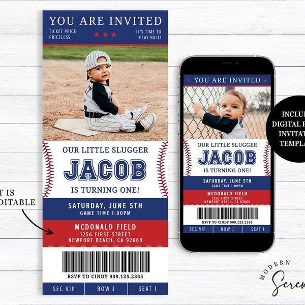 Baseball Ticket Invitation Editable Template Photo Baseball Birthday Invitation Rookie of the Year Little Slugger Baseball Party