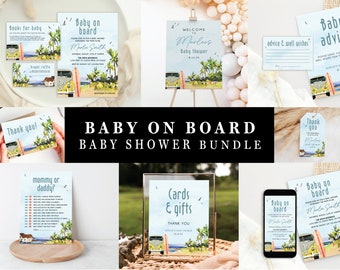 Baby on Board Invitation Bundle Surf Beach Baby Shower Editable Invitation Suite Summer Baby Shower Surfing Shower Editable Template