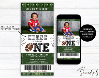 May include: A green and white football-themed first birthday party invitation with a photo of a baby boy wearing a football jersey. The invitation is shaped like a ticket and includes the text "Chase is turning one".