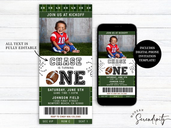 Football Ticket Invitation First Year Down Photo Football Birthday Invitation Editable Template Game On Football Party