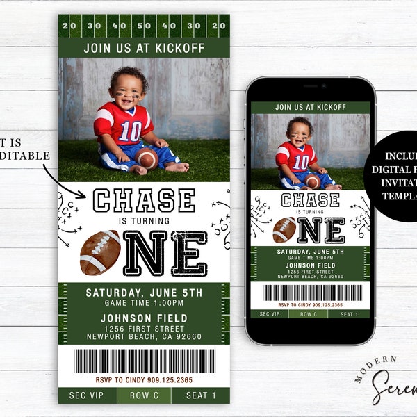 Football Ticket Invitation First Year Down Photo Football Birthday Invitation Editable Template Game On Football Party