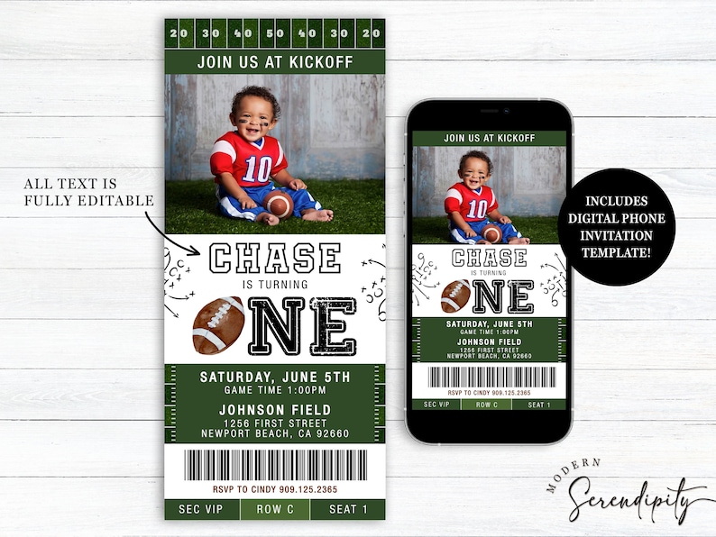 May include: A green and white football-themed first birthday party invitation with a photo of a baby boy wearing a football jersey. The invitation is shaped like a ticket and includes the text "Chase is turning one".