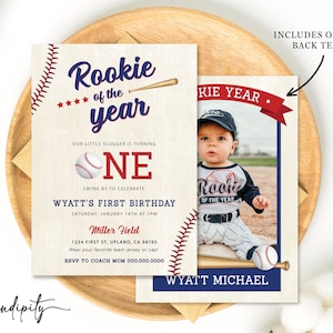Rookie of the Year First Birthday Invitation Baseball Birthday Party Boy Birthday Invite with Photo Editable Template