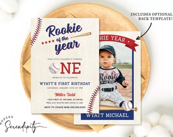 Rookie of the Year First Birthday Invitation Baseball Birthday Party Boy Birthday Invite with Photo Editable Template