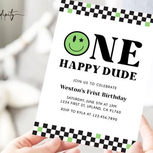 EINE Happy Dude Geburtstagseinladung Retro Smile Face Erster Geburtstag One Happy Dude Party Boy 1. Geburtstag Bearbeitbare Vorlage