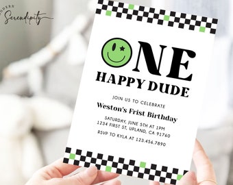 ONE Happy Dude Birthday Invitation Retro Smile Face First Birthday One Happy Dude Party Boy 1st Birthday Editable Template