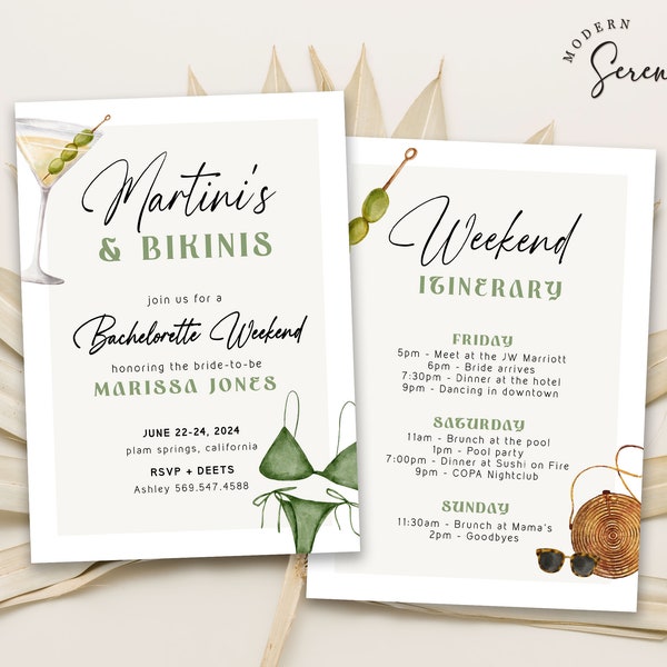 Bikinis and Martinis Bachelorette Weekend Invitation and Itinerary Editable Template Digital Bachelorette Phone Invitation Itinerary