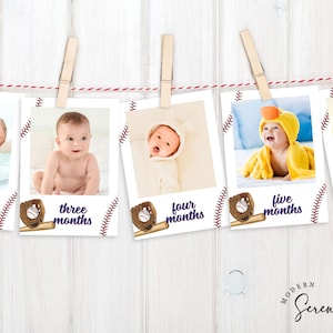 Plantilla para pancarta con foto de primer cumpleaños Pancarta con foto de béisbol de novato del año Plantilla editable para tarjetas de hitos mensuales del primer año del bebé