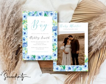 May include: Blue and white baby shower invitation with watercolor floral border. It's a Boy! Join us to shower the mom-to-be Ashley Smith. Saturday, July 16th from 11am - 3pm. 1234 First Street, Newport Beach, CA 92655. Kindly reply to Matima by July 1st at 123-456-7890. Ashley is registered at Amazon.