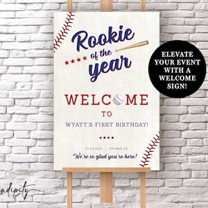 Novato del año Primer cumpleaños Cartel de bienvenida Cartel de fiesta de cumpleaños de béisbol Plantilla editable Béisbol All Star