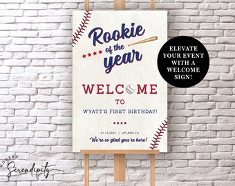 Årets nybörjare, välkomstskylt för första födelsedag, basebollfödelsedagsfest, redigerbar mall, baseboll All Star