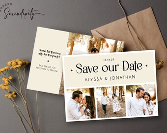 Save the Date Retro Modern Photo Template Modern Save the Date Digital Wedding Announcement Double Sided Save the Date Editable Template