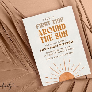 First Trip Around the Sun Birthday Invitation Editable Sun Invitation Girl or Boy First Birthday Retro Boho Digital Template