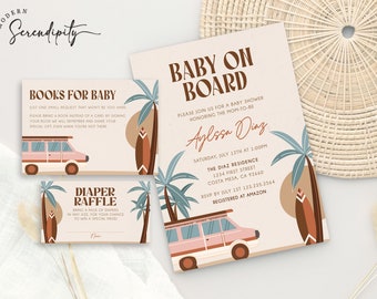 May include: A baby shower invitation with a beach theme. The invitation features a pink and white van with palm trees and surfboards. The text on the invitation reads "Baby on Board" and "Alyssa Diaz".