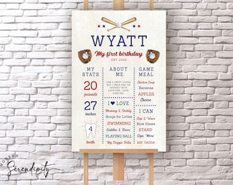 Plantilla editable para fiesta de cumpleaños de béisbol de cartel de hito de primer cumpleaños de novato del año