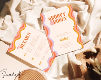 May include: A groovy and boozy themed invitation with a retro 70s design. The invitation is for a weekend to celebrate the bride-to-be, Ashley. The invitation includes the date, location, and RSVP information. The invitation is decorated with colorful wavy lines and stars.