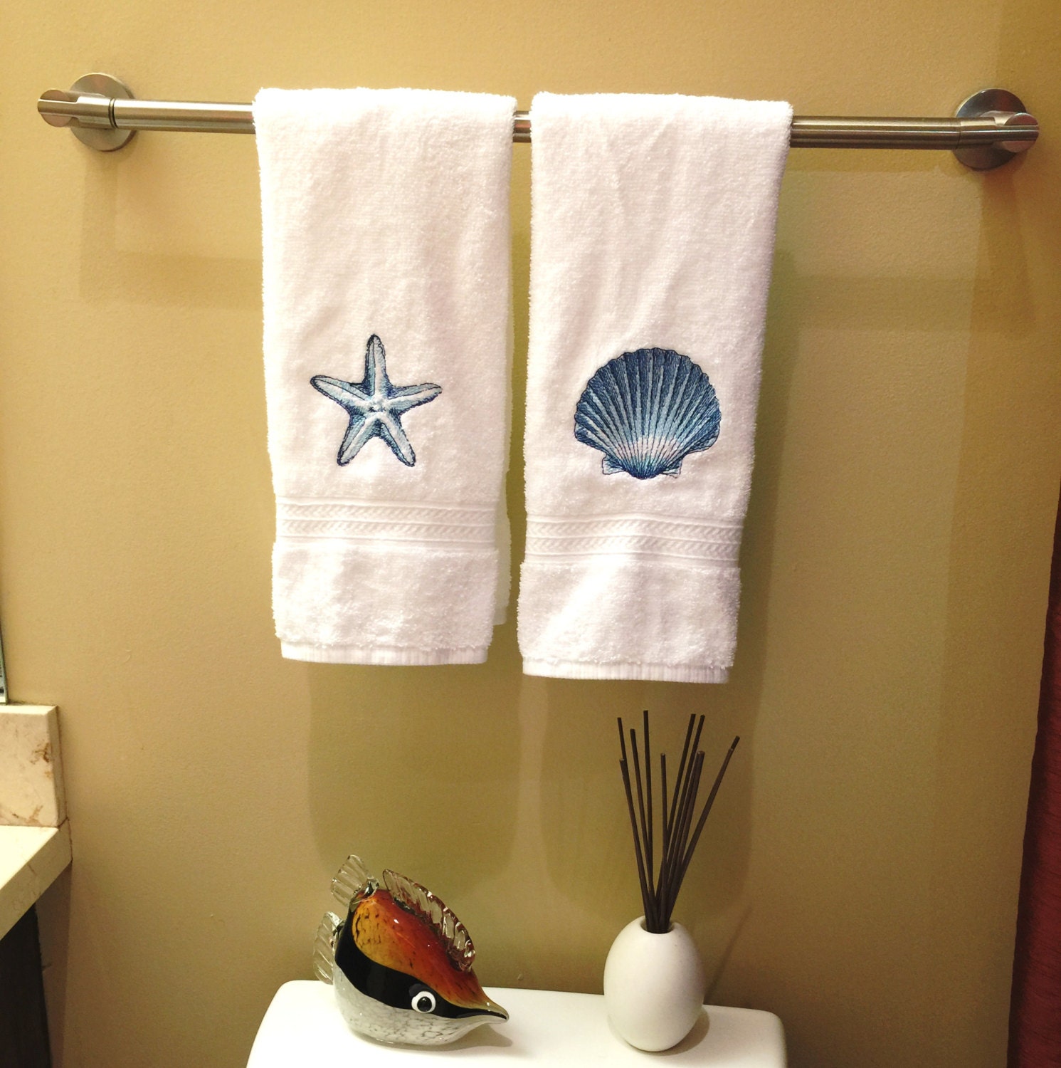 Blue and White Coastal Hand Towels set of 4 embroidered Etsy