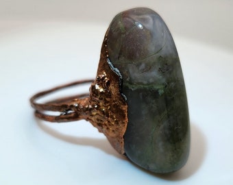 Moss Agate Stone Ring, Electroformed in Copper, Double Banded Ring, Size 7, Gift for Nature and Rock Lovers
