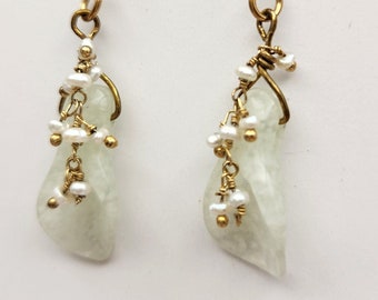 White Jade Lily Earrings with Freshwater Pearls, Romantic Handmade Dangle Earrings, Wedding or Valentines Day