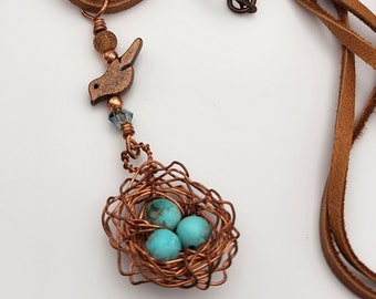 Handmade Copper Bird Nest with Turquoise Eggs and Czech Glass Crystal Bead, on Handmade Leather Necklace, Gift for Mom and Grandmas