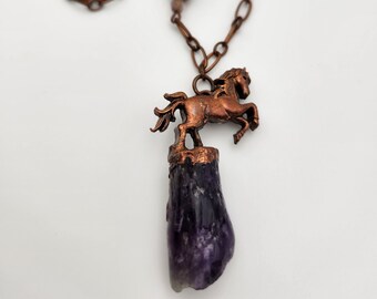 Horse and Amethyst Crystal, Electroformed with Czech Glass Beads, Handmade Necklace for Horse Lover