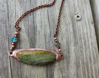 Polychrome Jasper Pendant, Electroformed in Copper with Czech Glass, Handmade Necklace for Rock and Nature Lovers