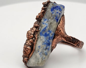 Fancy Jasper Ring Electroformed in Copper, Handmade Blue and White Statement Ring