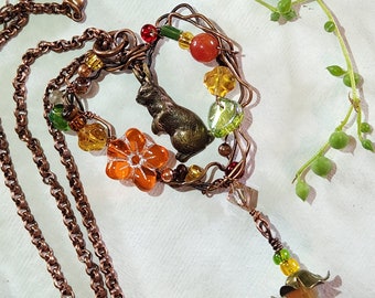 Heart Shaped Vine Rabbit Necklace with Agate, and Czech Glass Flower Beads, Handmade Nature Inspired Necklace, Easter Gift