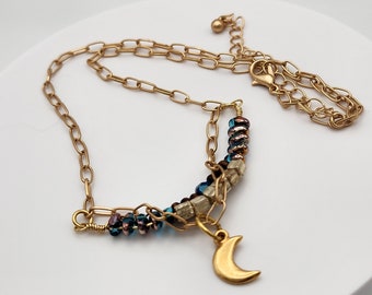 Gold Plated Crescent Moon and Czech Glass Beads, Handmade Necklace on Brushed Gold Paperclip Chain, Romantic Gift