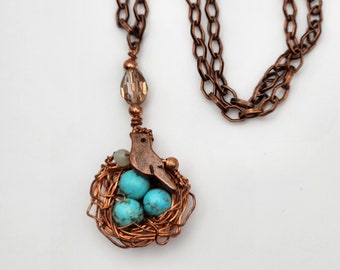 Handmade Copper Bird Nest with Turquoise Eggs and Czech Glass Crystal Bead, on Adjustable Copper Chain, Gift for Mom and Grandmas