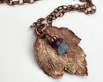 Real Maple Leaf Electroformed in Copper with Fluorite Gemstones, on Copper Chain, Beautiful Necklace for Nature Lovers