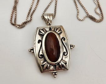 Sterling silver and Tigers Eye Engraved Pendant Western Necklace