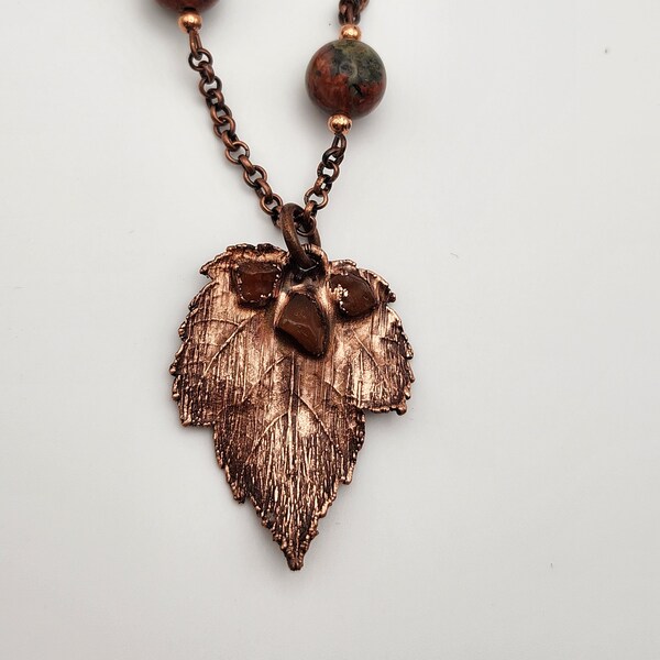 Real Maple Leaf Necklace, Electroformed in Copper with Red Agate Gemstones on Copper and Unakite Chain, Gift for Nature Lovers