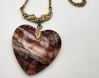 Jasper Heart Pendant Necklace, Upcycled Vintage Chain with Pink, Red, & Brown Striped Natural Stone