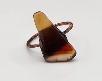 Striped Agate Electroformed in Copper, Natural Red and Brown Stone, Handmade Ring for Nature Lovers