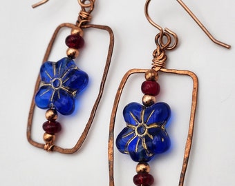 Blue Czech Glass Flower and Copper, Handmade Earrings