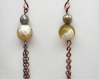 Golden Agate and Labradorite with Antiqued Copper Dangle Chains, Handmade Earrings