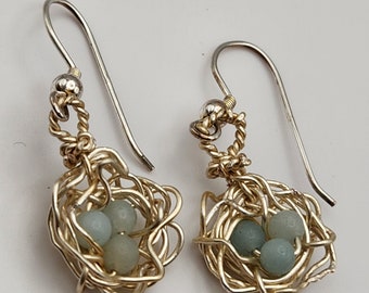 Bird Nest Earrings with Amazonite Eggs, Handmade with Silver Plated Wire